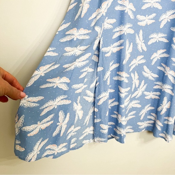 LOFT Butterfly Flutter Sleeve Midi Dress Sz 4 Blue/White Fluid Front‎ Slit - Picture 2 of 8